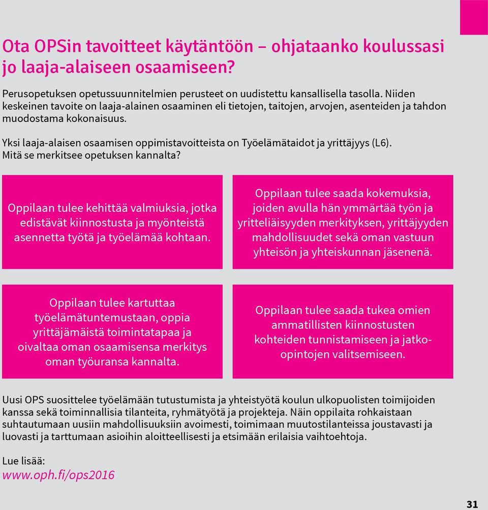 Yksi laaja-alaisen osaamisen oppimistavoitteista on Työelämätaidot ja yrittäjyys (L6). Mitä se merkitsee opetuksen kannalta?