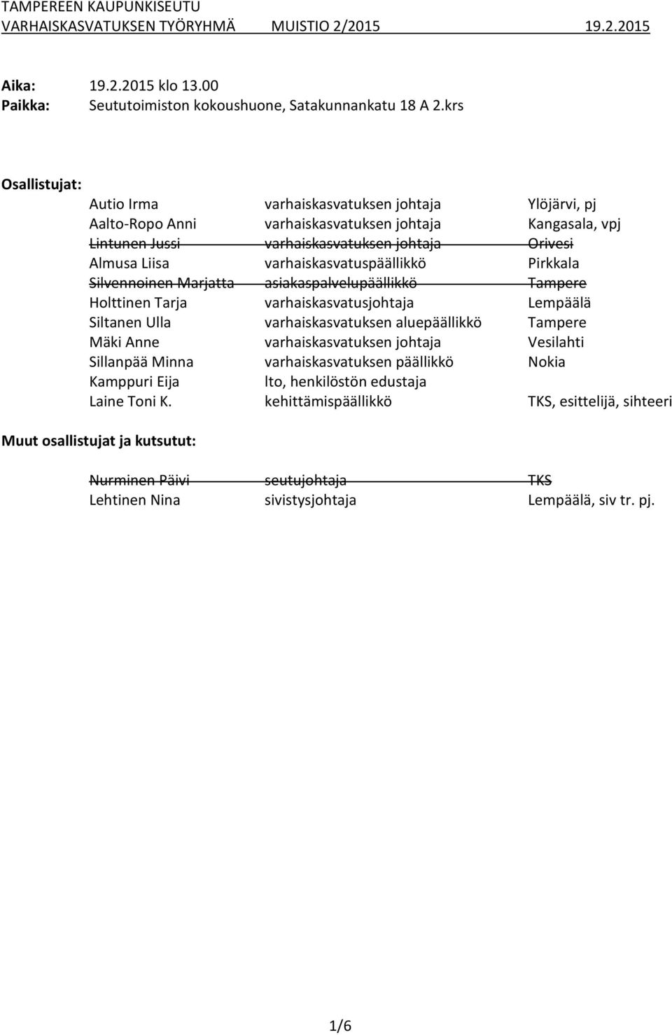 varhaiskasvatuspäällikkö Pirkkala Silvennoinen Marjatta asiakaspalvelupäällikkö Tampere Holttinen Tarja varhaiskasvatusjohtaja Lempäälä Siltanen Ulla varhaiskasvatuksen aluepäällikkö Tampere Mäki