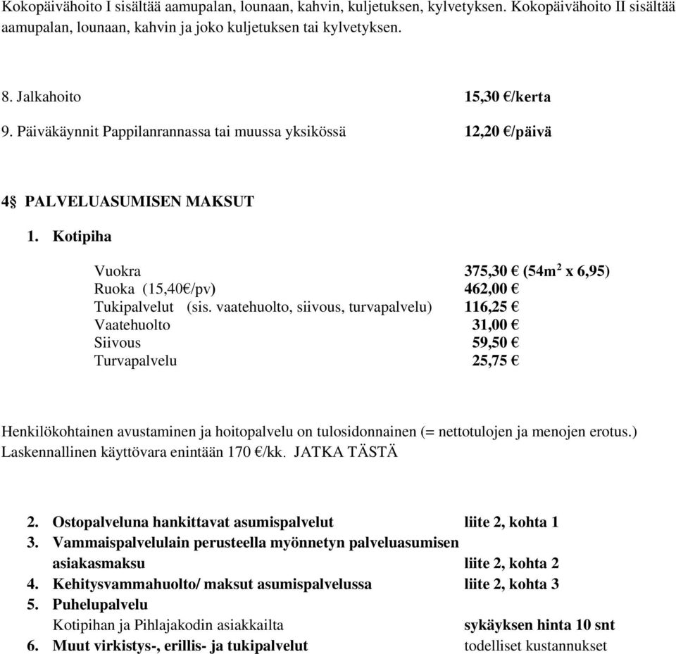 vaatehuolto, siivous, turvapalvelu) 116,25 Vaatehuolto 31,00 Siivous 59,50 Turvapalvelu 25,75 Henkilökohtainen avustaminen ja hoitopalvelu on tulosidonnainen (= nettotulojen ja menojen erotus.