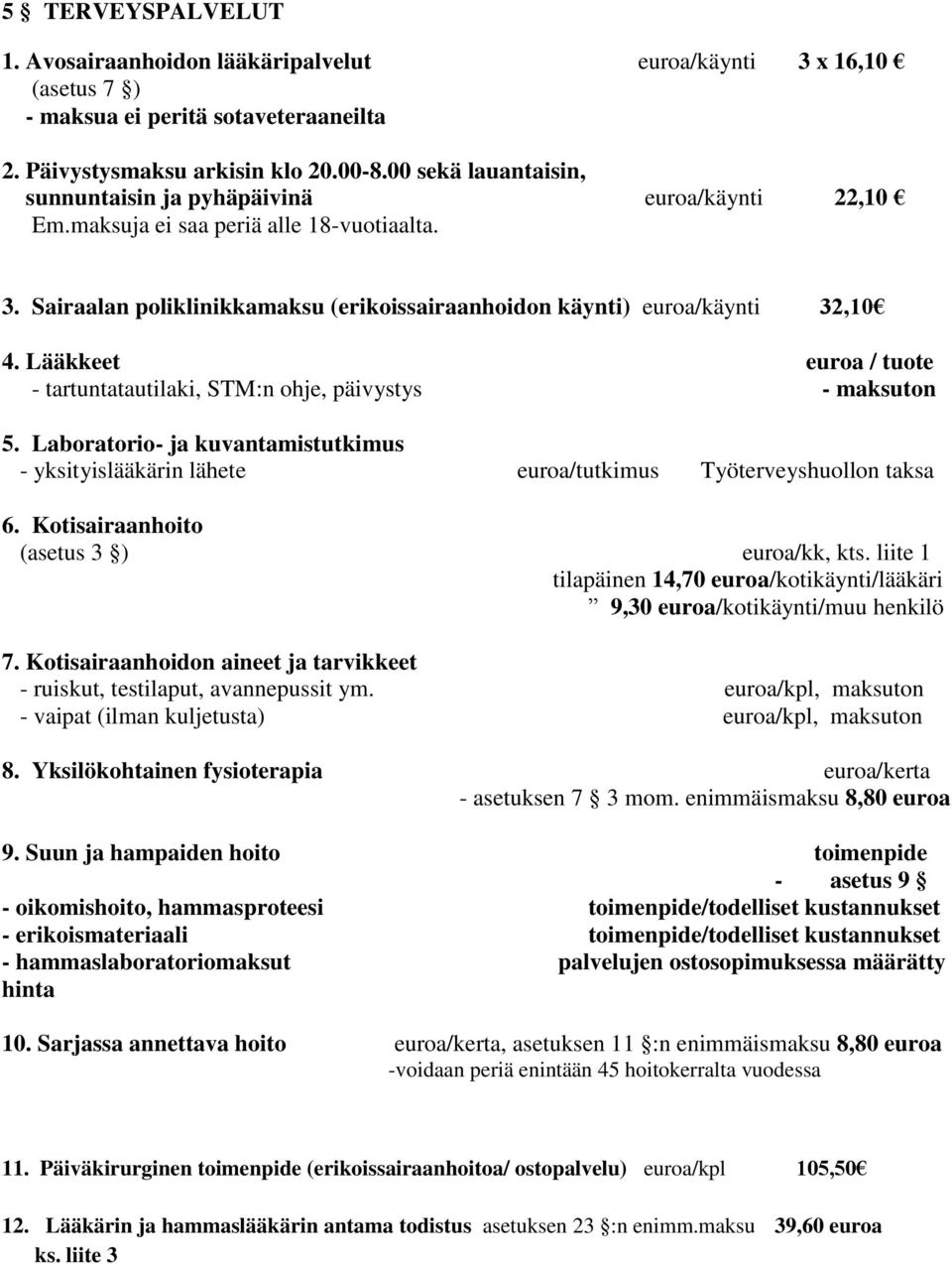 Lääkkeet euroa / tuote - tartuntatautilaki, STM:n ohje, päivystys - maksuton 5. Laboratorio- ja kuvantamistutkimus - yksityislääkärin lähete euroa/tutkimus Työterveyshuollon taksa 6.