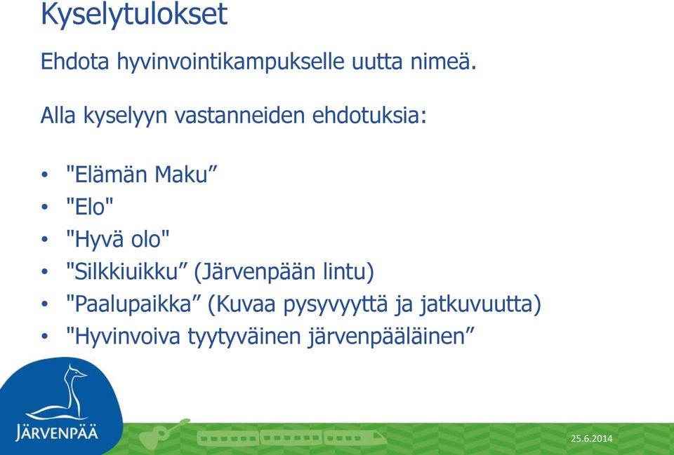 "Hyvä olo" "Silkkiuikku (Järvenpään lintu) "Paalupaikka