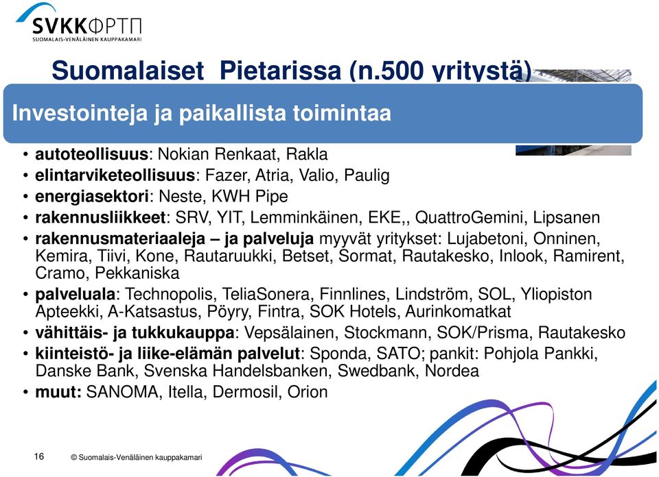 YIT, Lemminkäinen, EKE,, QuattroGemini, Lipsanen rakennusmateriaaleja ja palveluja myyvät yritykset: Lujabetoni, Onninen, Kemira, Tiivi, Kone, Rautaruukki, Betset, Sormat, Rautakesko, Inlook,