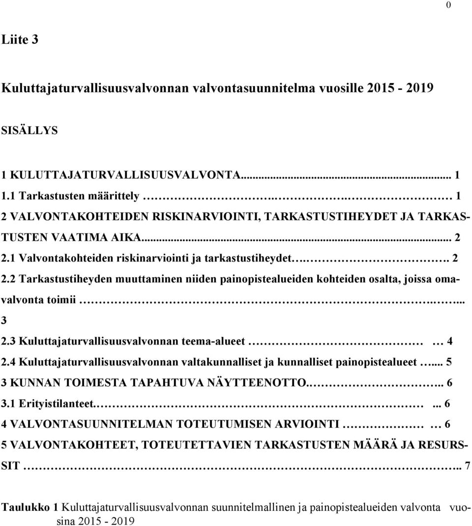 1 Valvontakohteiden riskinarviointi ja tarkastustiheydet.. 2 2.2 Tarkastustiheyden muuttaminen niiden painopistealueiden kohteiden osalta, joissa omaval von ta toimii.... 3 2.