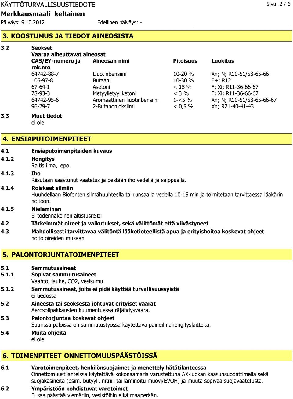 64742-95-6 Aromaattinen liuotinbensiini 1-<5 % Xn; N; R10-51/53-65-66-67 96-29-7 2-Butanonioksiimi < 0,5 % Xn; R21-40-41-43 3.3 Muut tiedot 4. ENSIAPUTOIMENPITEET 4.1 Ensiaputoimenpiteiden kuvaus 4.1.2 Hengitys Raitis ilma, lepo.