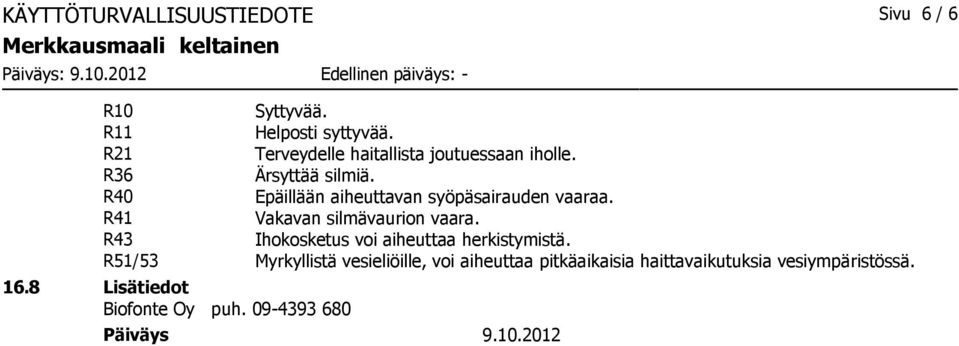 R40 Epäillään aiheuttavan syöpäsairauden vaaraa. R41 Vakavan silmävaurion vaara.