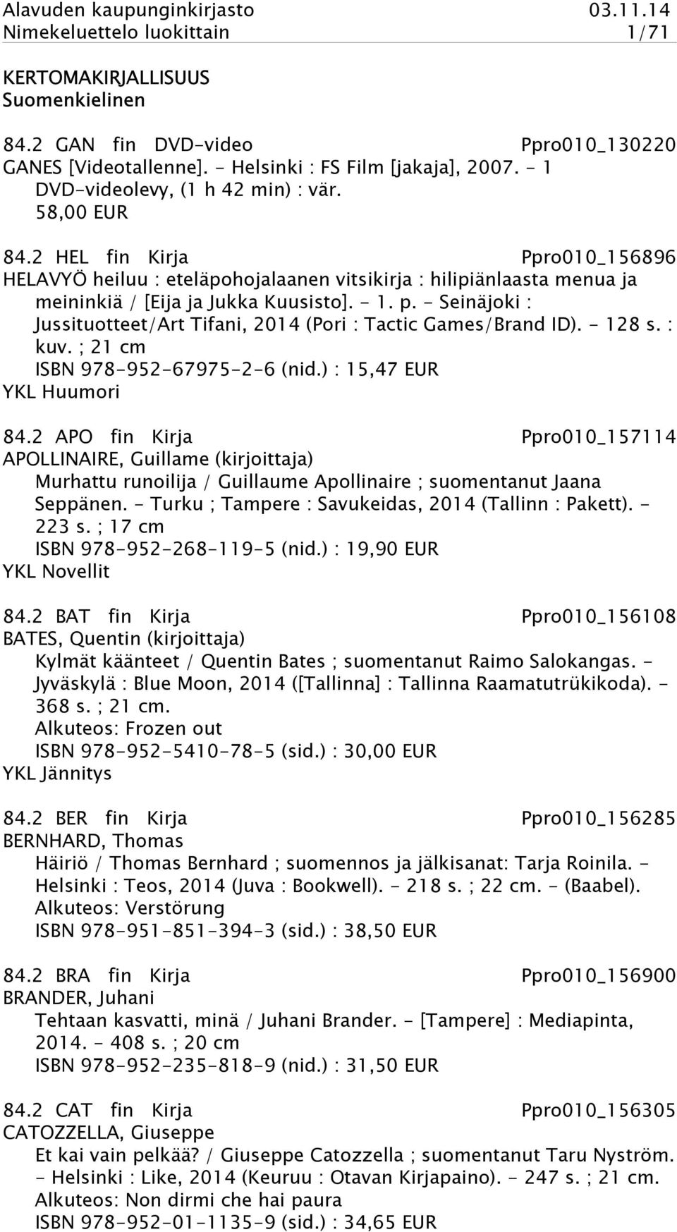 - Seinäjoki : Jussituotteet/Art Tifani, 2014 (Pori : Tactic Games/Brand ID). - 128 s. : kuv. ; 21 cm ISBN 978-952-67975-2-6 (nid.) : 15,47 EUR YKL Huumori 84.