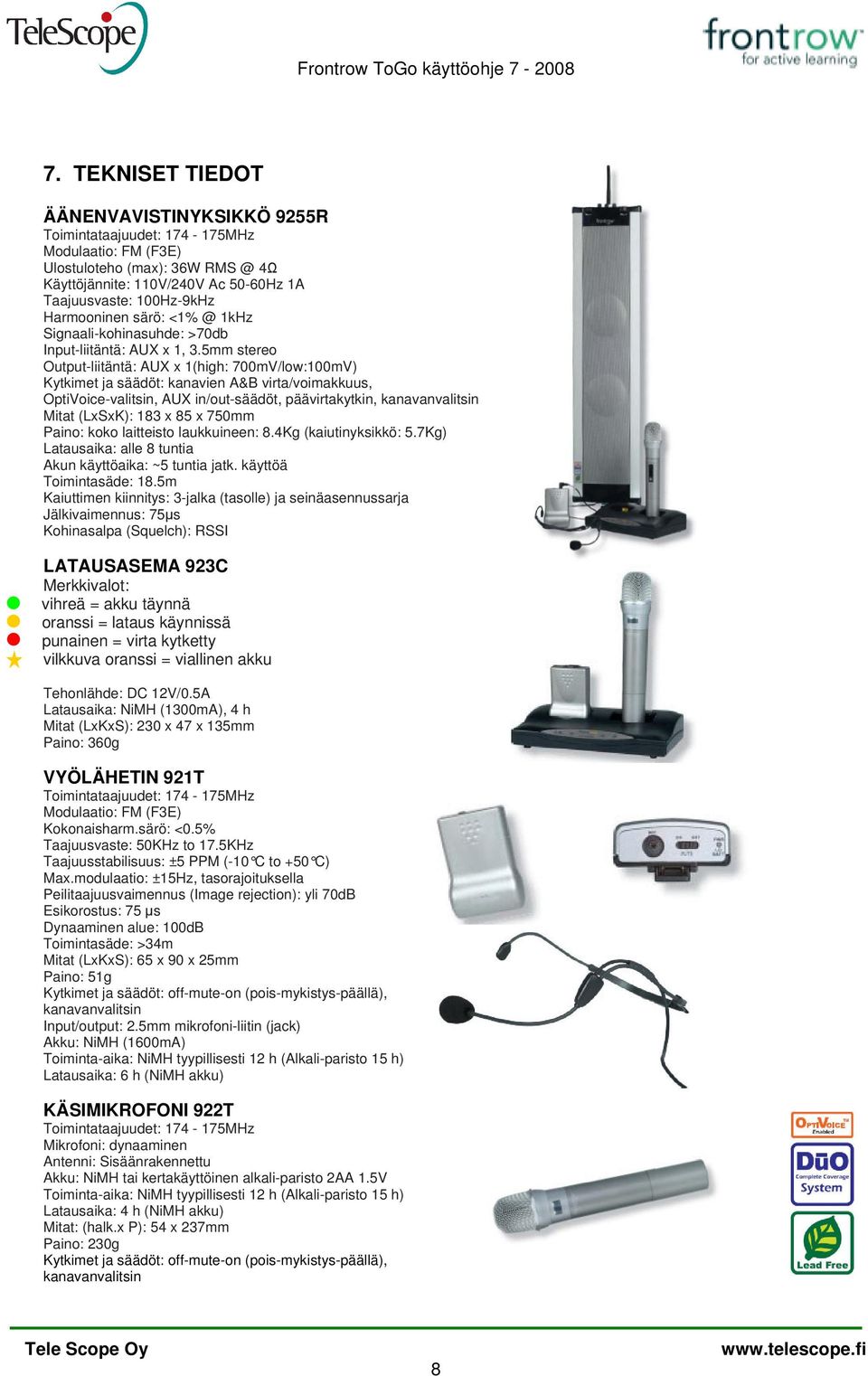 5mm stereo Output-liitäntä: AUX x 1(high: 700mV/low:100mV) Kytkimet ja säädöt: kanavien A&B virta/voimakkuus, OptiVoice-valitsin, AUX in/out-säädöt, päävirtakytkin, kanavanvalitsin Mitat (LxSxK): 183