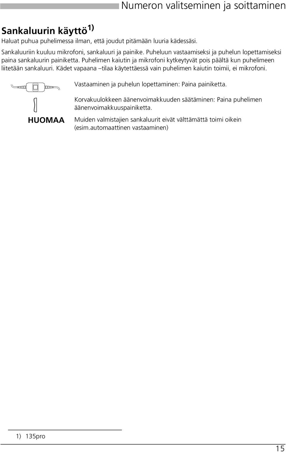 Puhelimen kaiutin ja mikrofoni kytkeytyvät pois päältä kun puhelimeen liitetään sankaluuri. Kädet vapaana tilaa käytettäessä vain puhelimen kaiutin toimii, ei mikrofoni.