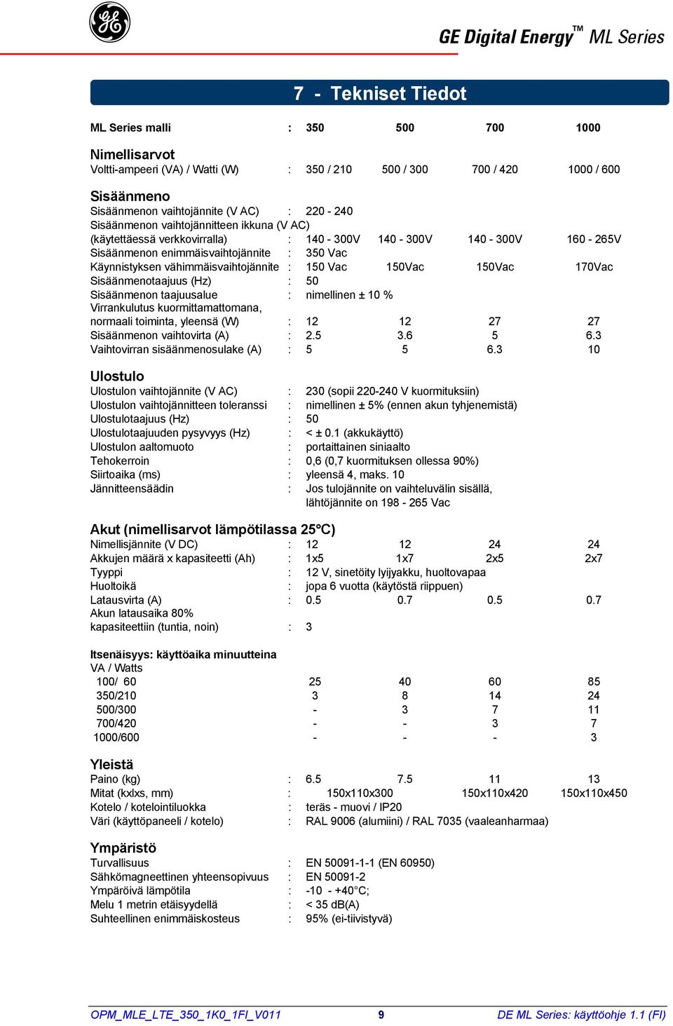 Vac 150Vac 150Vac 170Vac Sisäänmenotaajuus (Hz) : 50 Sisäänmenon taajuusalue : nimellinen ± 10 % Virrankulutus kuormittamattomana, normaali toiminta, yleensä (W) : 12 12 27 27 Sisäänmenon vaihtovirta