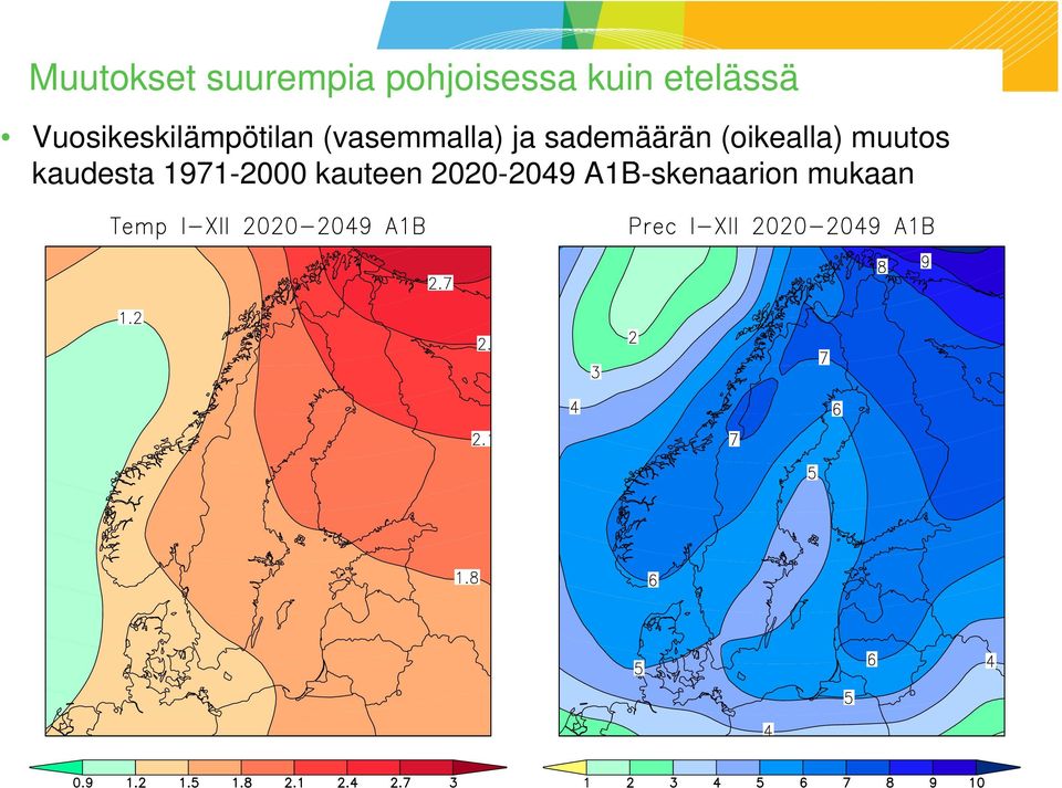 ja sademäärän (oikealla) muutos kaudesta