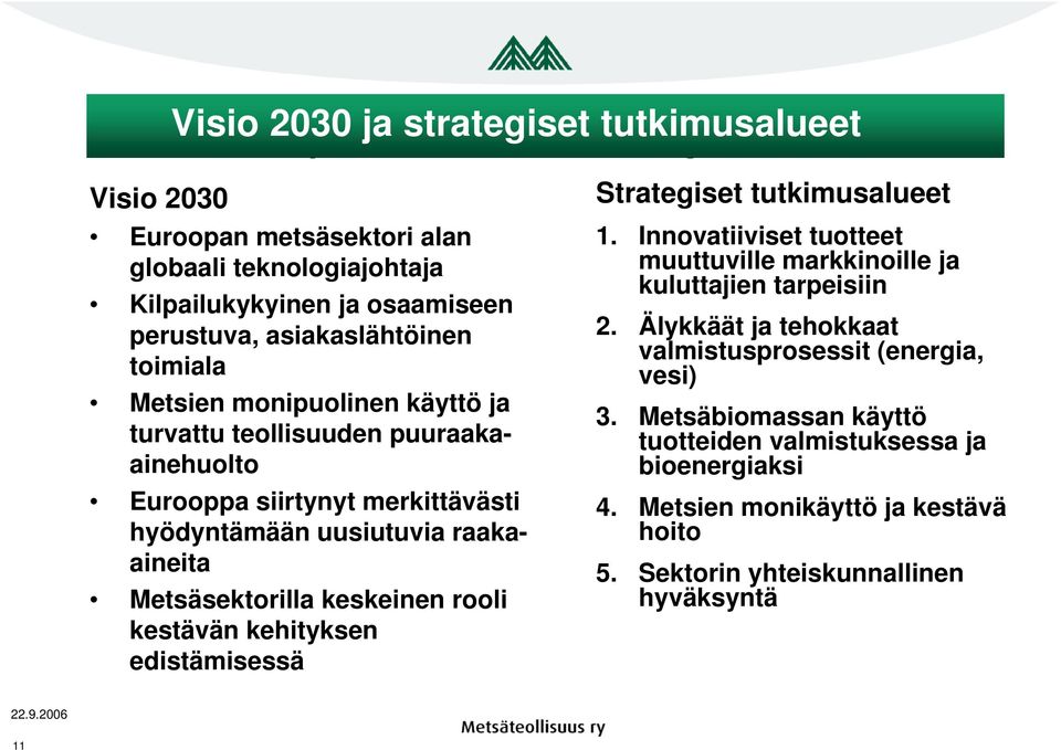 Metsäsektorilla keskeinen rooli kestävän kehityksen edistämisessä Strategiset tutkimusalueet 1. Innovatiiviset tuotteet muuttuville markkinoille ja kuluttajien tarpeisiin 2.