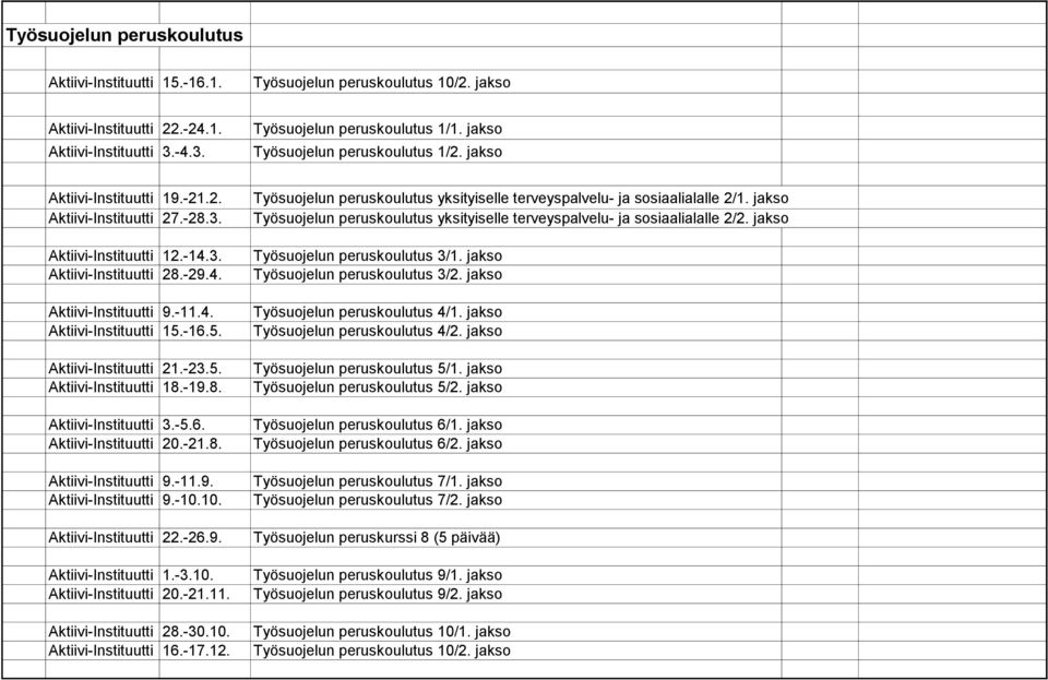 -16.5. Aktiivi-Instituutti 21.-23.5. Aktiivi-Instituutti 18.-19.8. Aktiivi-Instituutti 3.-5.6. Aktiivi-Instituutti 20.-21.8. Aktiivi-Instituutti 9.-11.9. Aktiivi-Instituutti 9.-10.