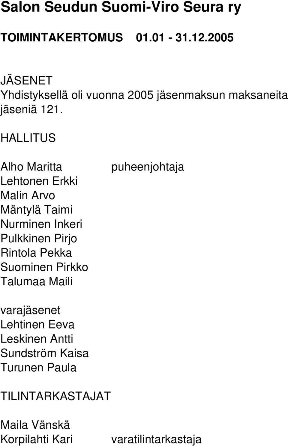 HALLITUS Alho Maritta Lehtonen Erkki Malin Arvo Mäntylä Taimi Nurminen Inkeri Pulkkinen Pirjo Rintola Pekka