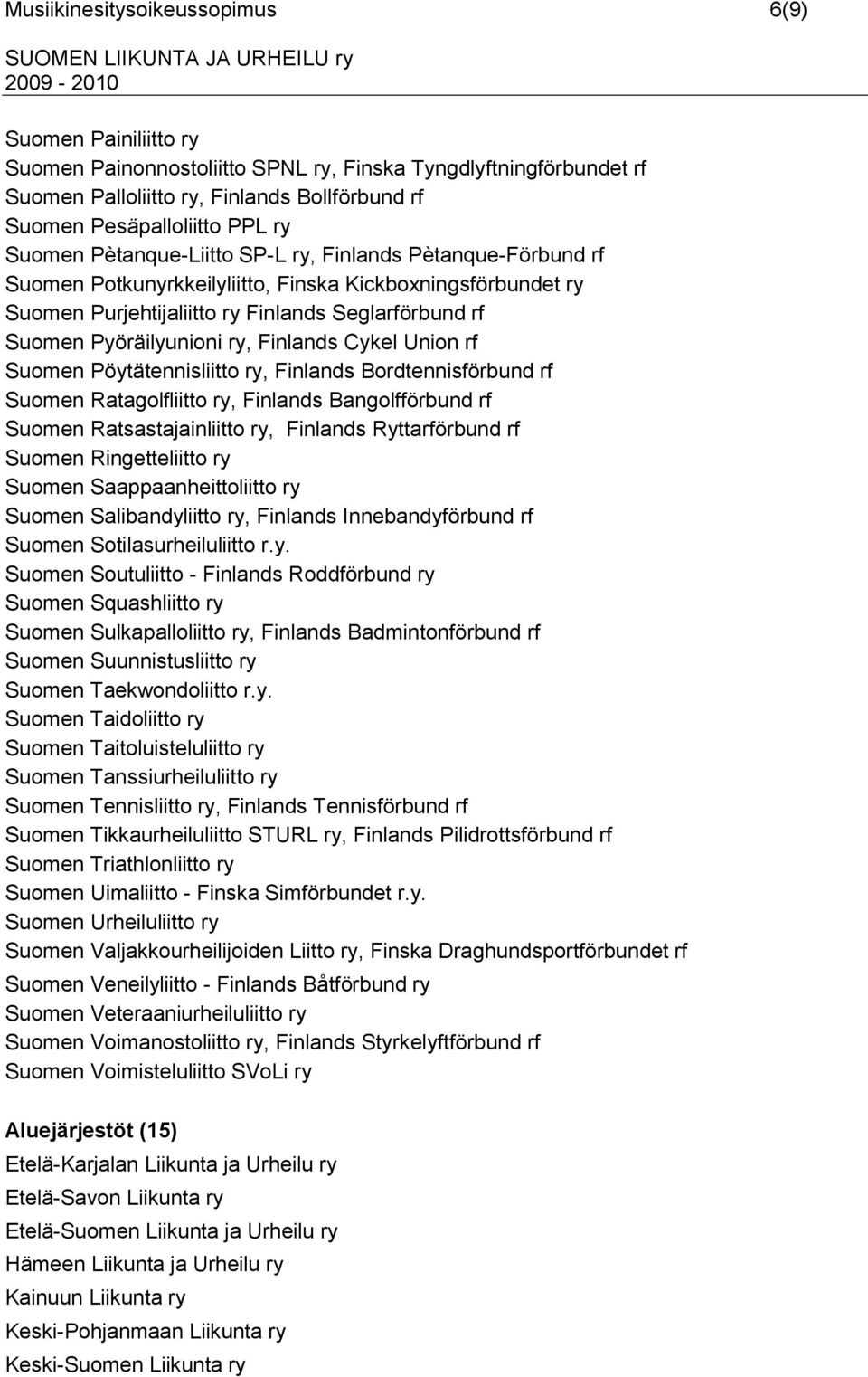 ry, Finlands Cykel Union rf Suomen Pöytätennisliitto ry, Finlands Bordtennisförbund rf Suomen Ratagolfliitto ry, Finlands Bangolfförbund rf Suomen Ratsastajainliitto ry, Finlands Ryttarförbund rf