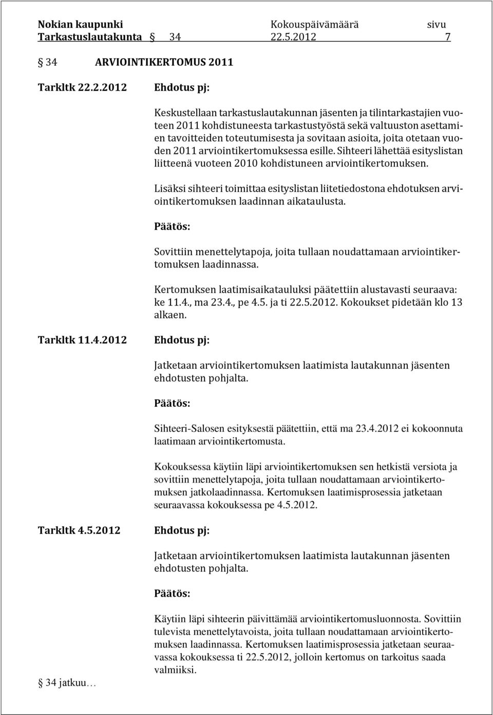 tavoitteiden toteutumisesta ja sovitaan asioita, joita otetaan vuoden 2011 arviointikertomuksessa esille. Sihteeri lähettää esityslistan liitteenä vuoteen 2010 kohdistuneen arviointikertomuksen.