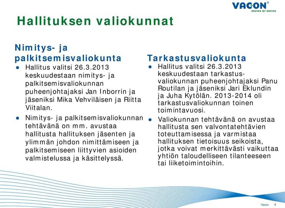 avustaa hallitusta hallituksen jäsenten ja ylimmän johdon nimittämiseen ja palkitsemiseen liittyvien asioiden valmistelussa ja käsittelyssä. Tarkastusvaliokunta Hallitus valitsi 26.3.