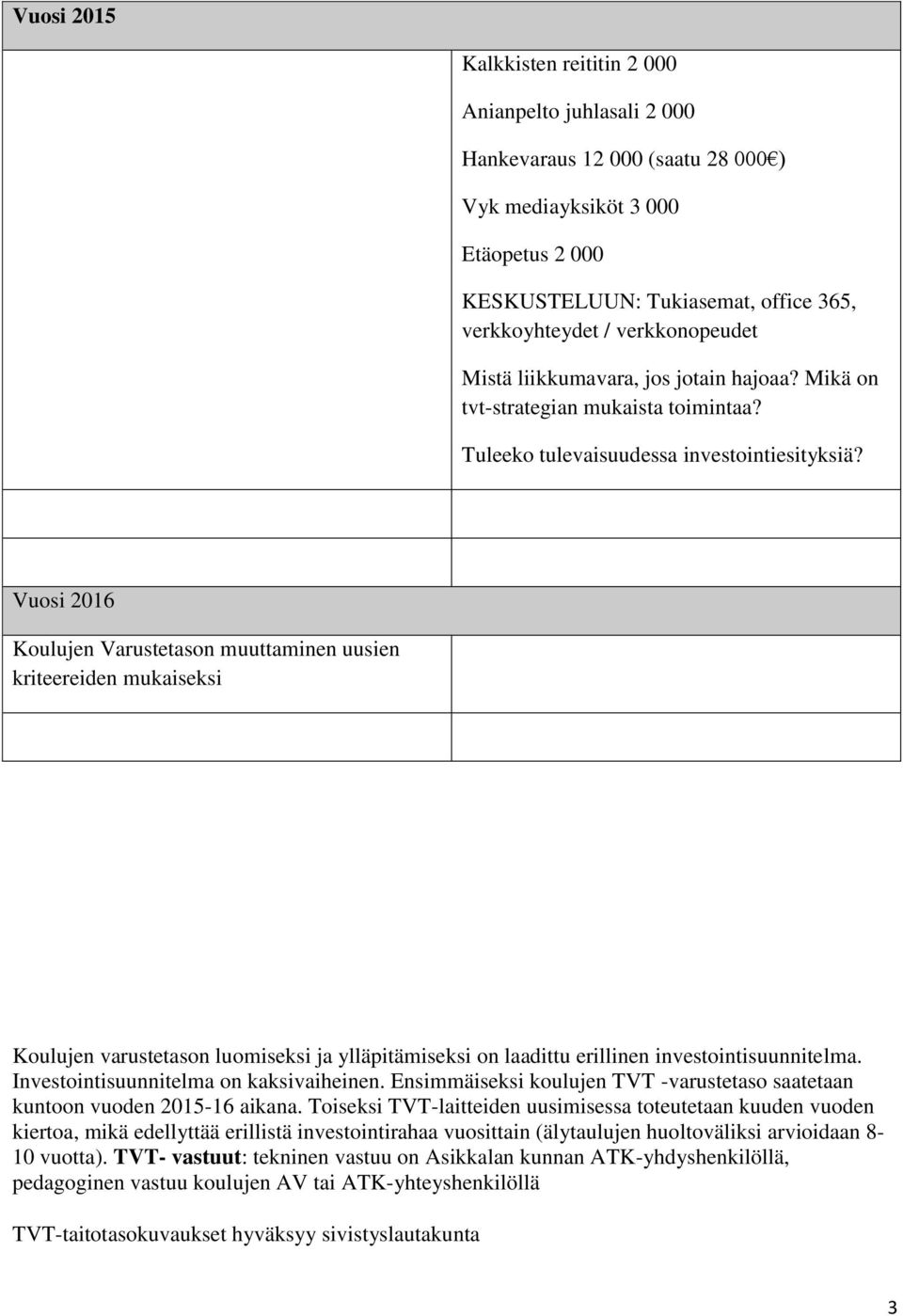 Vuosi 2016 Koulujen Varustetason muuttaminen uusien kriteereiden mukaiseksi Koulujen varustetason luomiseksi ja ylläpitämiseksi on laadittu erillinen investointisuunnitelma.