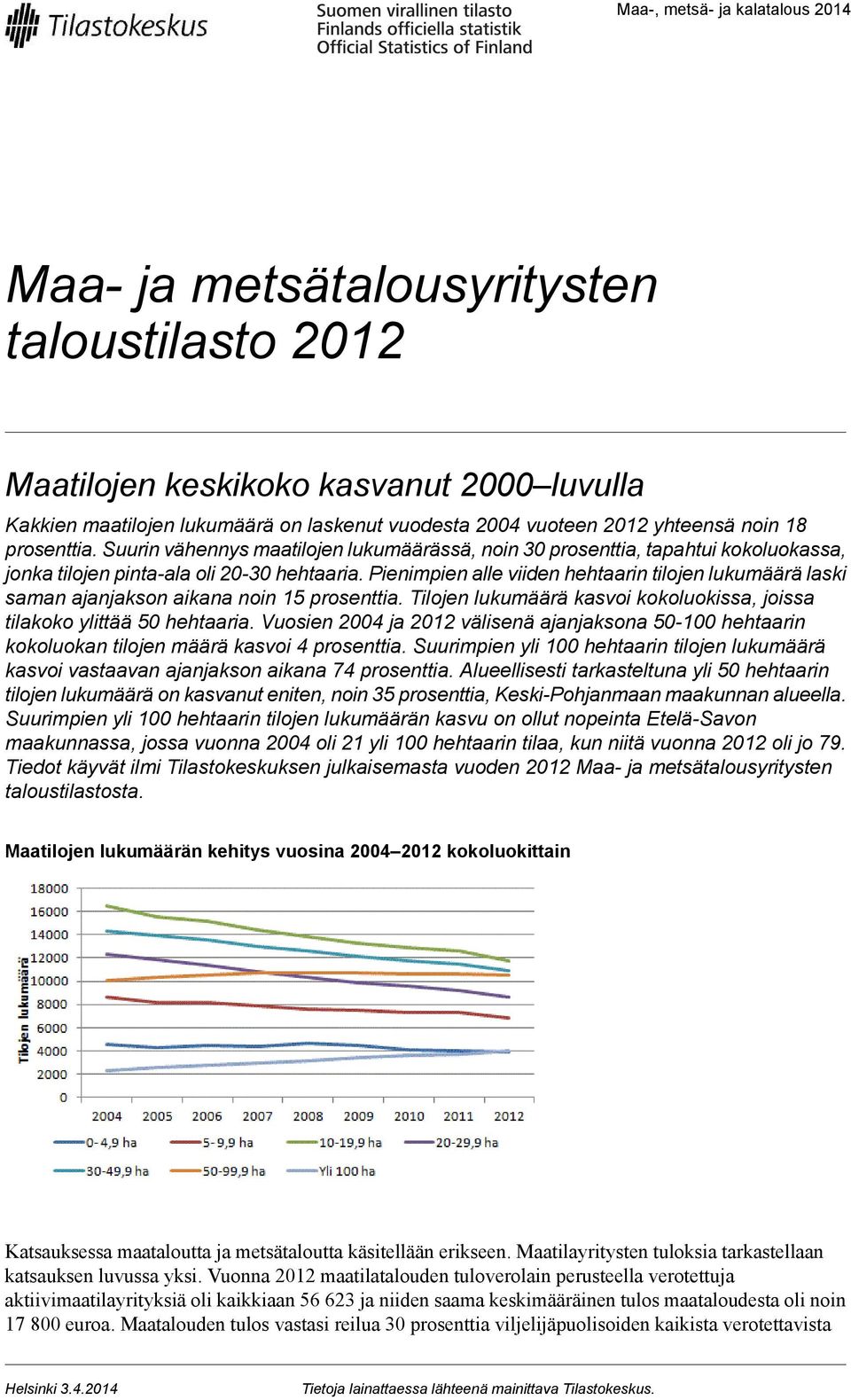 Pienimpien alle viiden hehtaarin tilojen lukumäärä laski saman ajanjakson aikana noin 15 prosenttia. Tilojen lukumäärä kasvoi kokoluokissa, joissa tilakoko ylittää 50 hehtaaria.