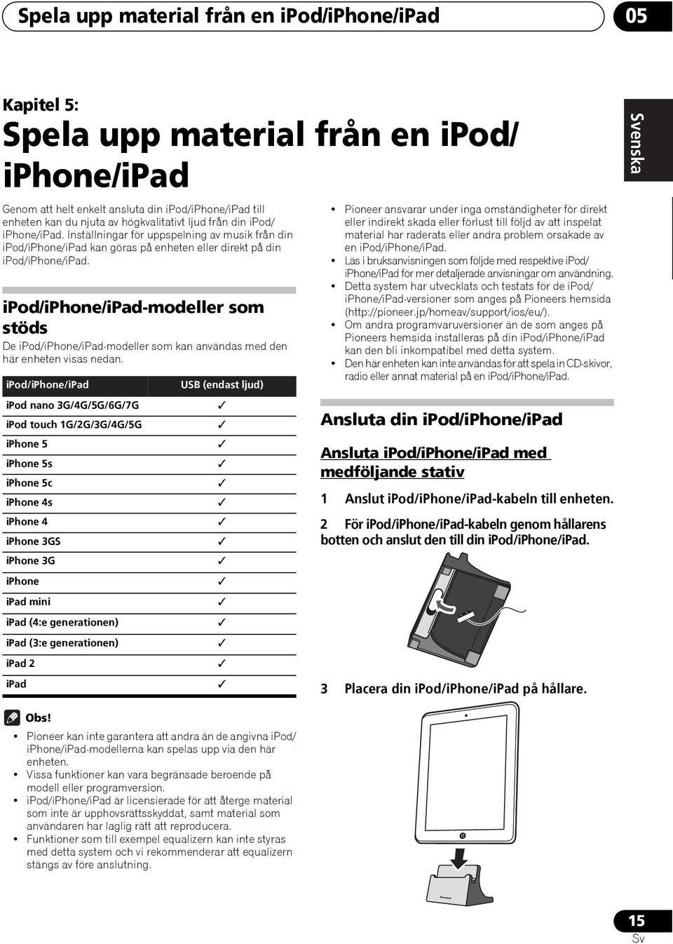 ipod/iphone/ipad-modeller som stöds De ipod/iphone/ipad-modeller som kan användas med den här enheten visas nedan.