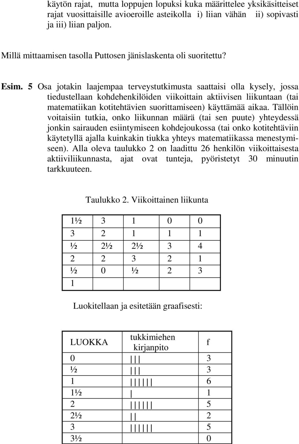 5 Osa jotakin laajempaa terveystutkimusta saattaisi olla kysely, jossa tiedustellaan kohdehenkilöiden viikoittain aktiivisen liikuntaan (tai matematiikan kotitehtävien suorittamiseen) käyttämää aikaa.