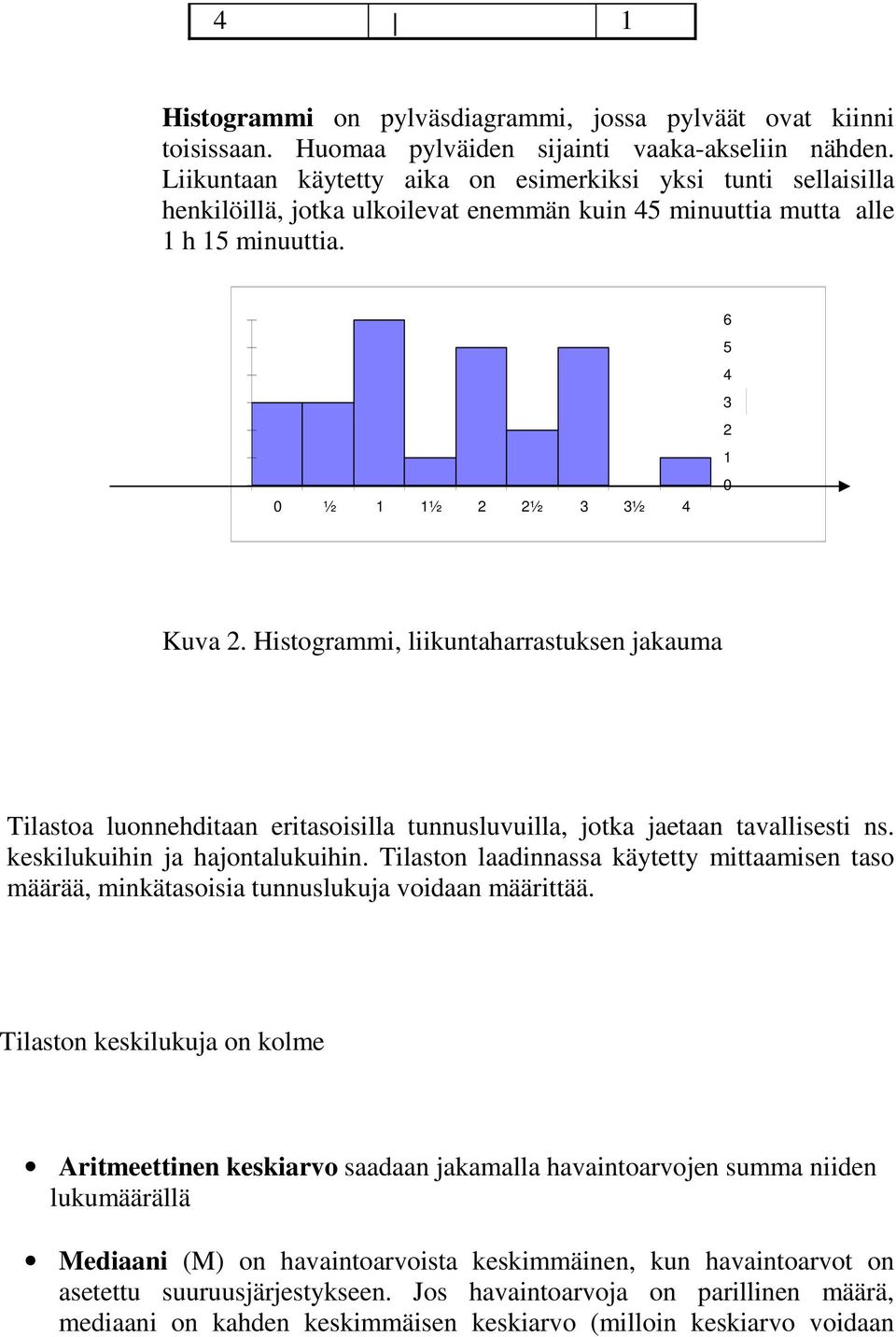 Histogrammi, liikuntaharrastuksen jakauma Tilastoa luonnehditaan eritasoisilla tunnusluvuilla, jotka jaetaan tavallisesti ns. keskilukuihin ja hajontalukuihin.