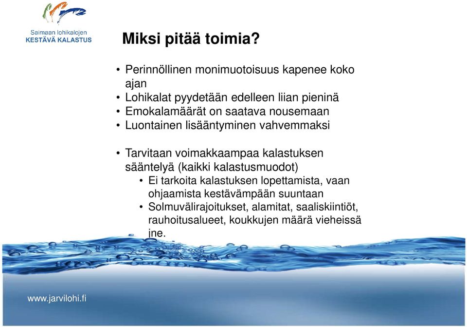 on saatava nousemaan Luontainen lisääntyminen vahvemmaksi Tarvitaan voimakkaampaa kalastuksen sääntelyä