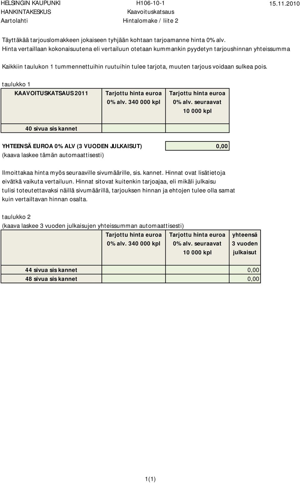 taulukko 1 KAAVOITUSKATSAUS 2011 40 sivua sis kannet Tarjottu hinta euroa 0% alv. 340 000 kpl Tarjottu hinta euroa 0% alv.