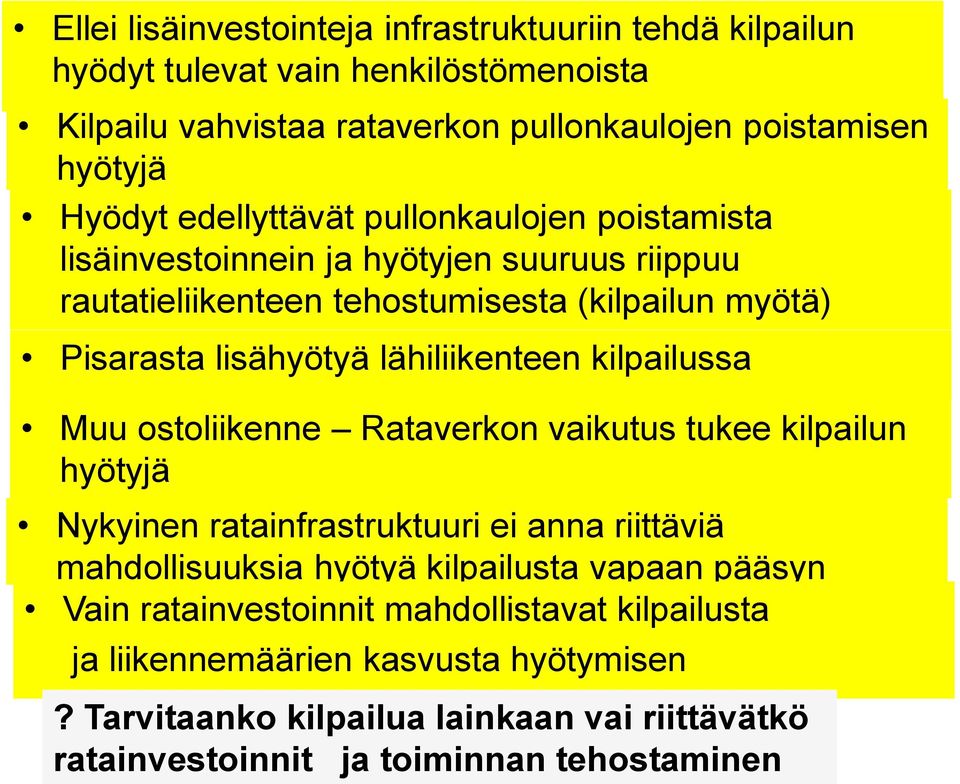 kilpailussa Muu ostoliikenne Rataverkon vaikutus tukee kilpailun hyötyjä Nykyinen ratainfrastruktuuri ei anna riittäviä mahdollisuuksia hyötyä kilpailusta vapaan pääsyn