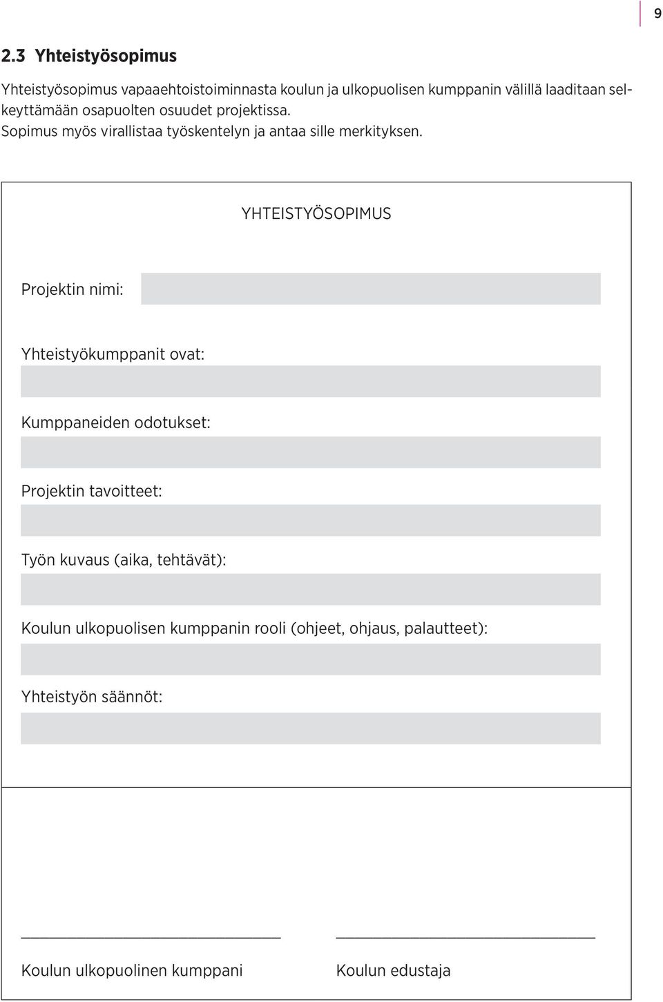 YHTEISTYÖSOPIMUS Prjektin nimi: Yhteistyökumppanit vat: Kumppaneiden dtukset: Prjektin tavitteet: Työn kuvaus