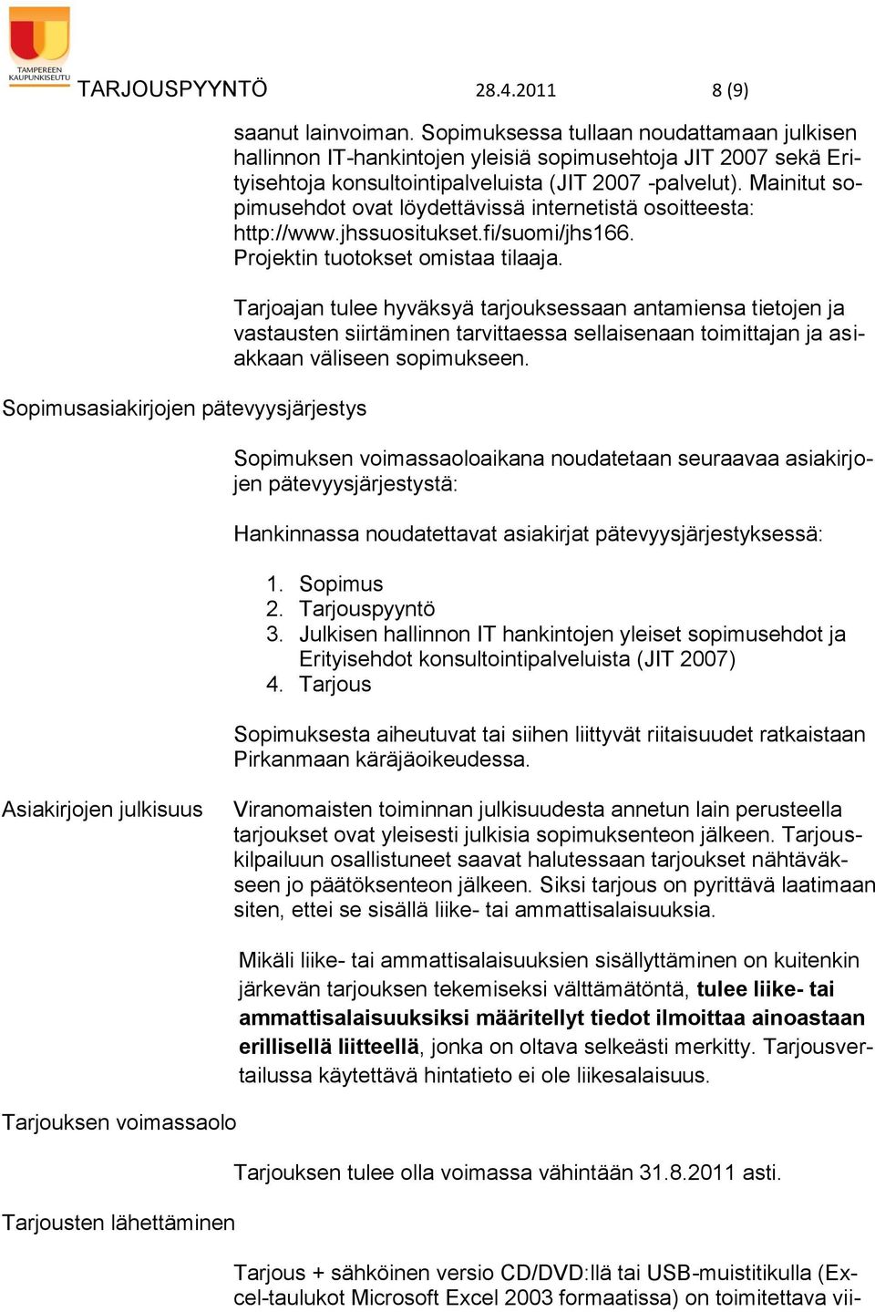 Mainitut sopimusehdot ovat löydettävissä internetistä osoitteesta: http://www.jhssuositukset.fi/suomi/jhs166. Projektin tuotokset omistaa tilaaja.