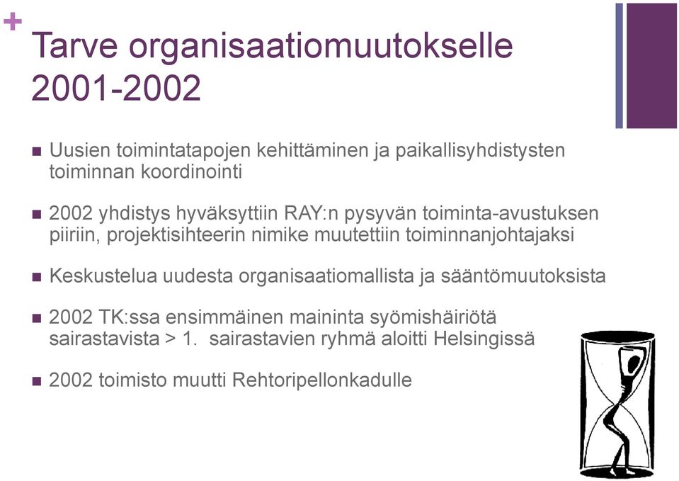 muutettiin toiminnanjohtajaksi Keskustelua uudesta organisaatiomallista ja sääntömuutoksista 2002 TK:ssa