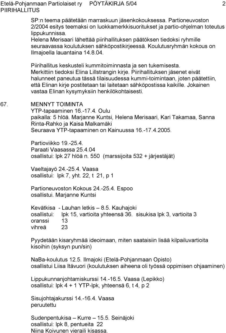 Helena Merisaari lähettää piirihallituksen päätöksen tiedoksi ryhmille seuraavassa koulutuksen sähköpostikirjeessä. Koulutusryhmän kokous on Ilmajoella lauantaina 14.8.04.