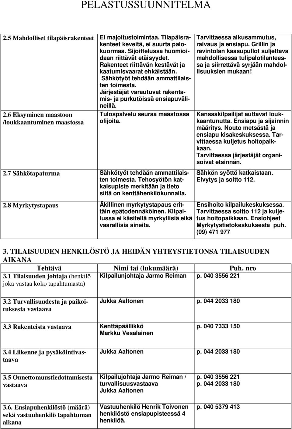 6 Eksyminen maastoon /loukkaantuminen maastossa Tulospalvelu seuraa maastossa olijoita. 2.7 Sähkötapaturma Sähkötyöt tehdään ammattilaisten toimesta.