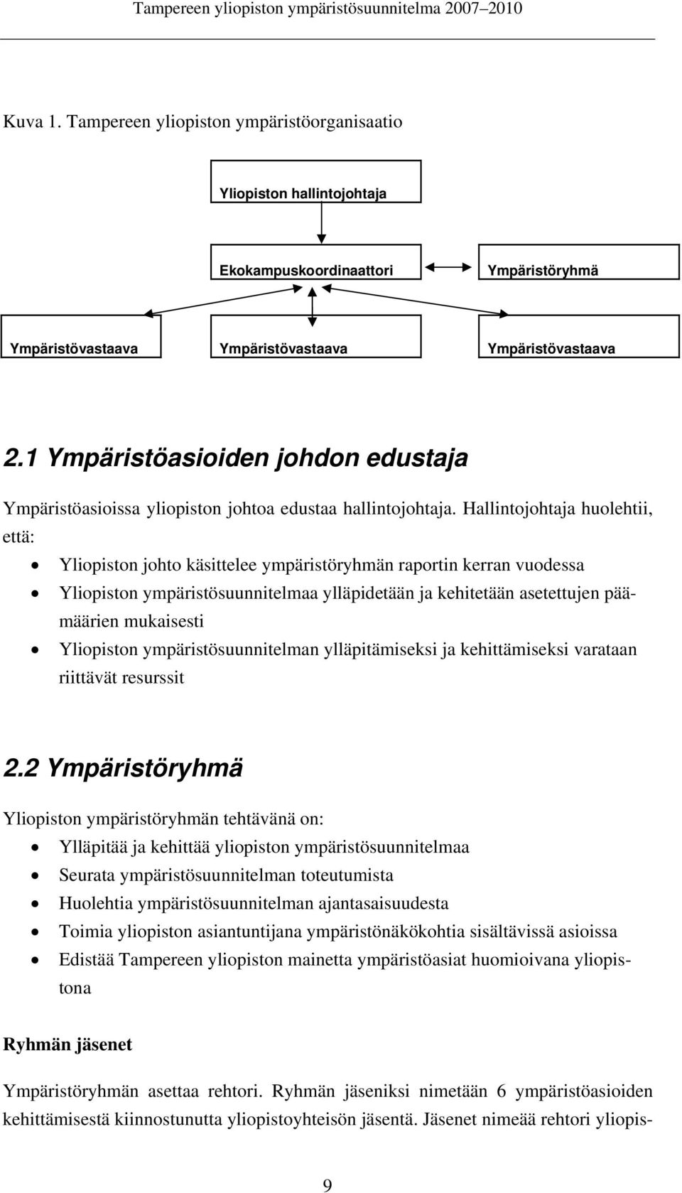 Hallintojohtaja huolehtii, että: Yliopiston johto käsittelee ympäristöryhmän raportin kerran vuodessa Yliopiston ympäristösuunnitelmaa ylläpidetään ja kehitetään asetettujen päämäärien mukaisesti