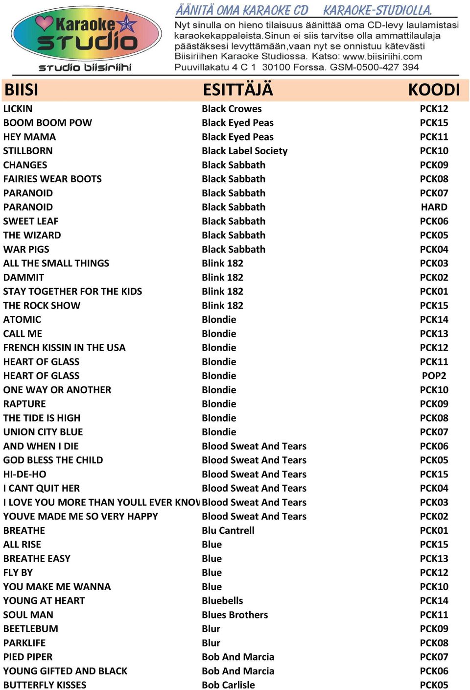 182 PCK02 STAY TOGETHER FOR THE KIDS Blink 182 PCK01 THE ROCK SHOW Blink 182 PCK15 ATOMIC Blondie PCK14 CALL ME Blondie PCK13 FRENCH KISSIN IN THE USA Blondie PCK12 HEART OF GLASS Blondie PCK11 HEART