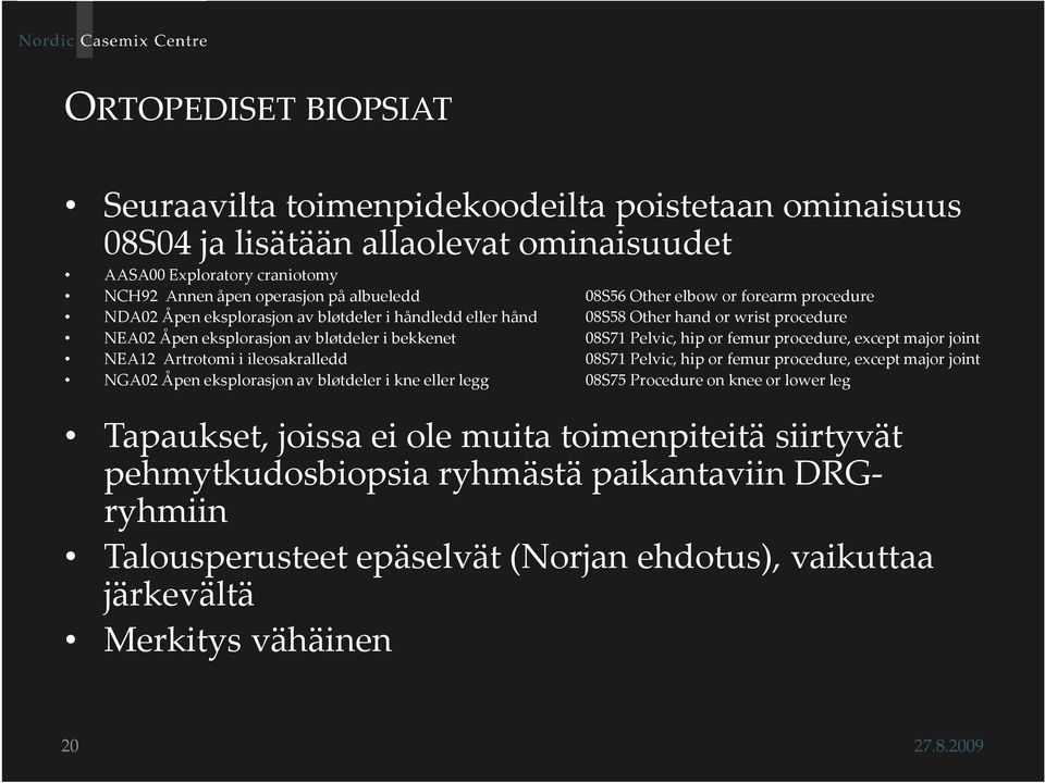 procedure, except major joint NEA12 Artrotomi i ileosakralledd 08S71 Pelvic, hip or femur procedure, except major joint NGA02 Åpen eksplorasjon av bløtdeler i kne eller legg 08S75 Procedure on knee