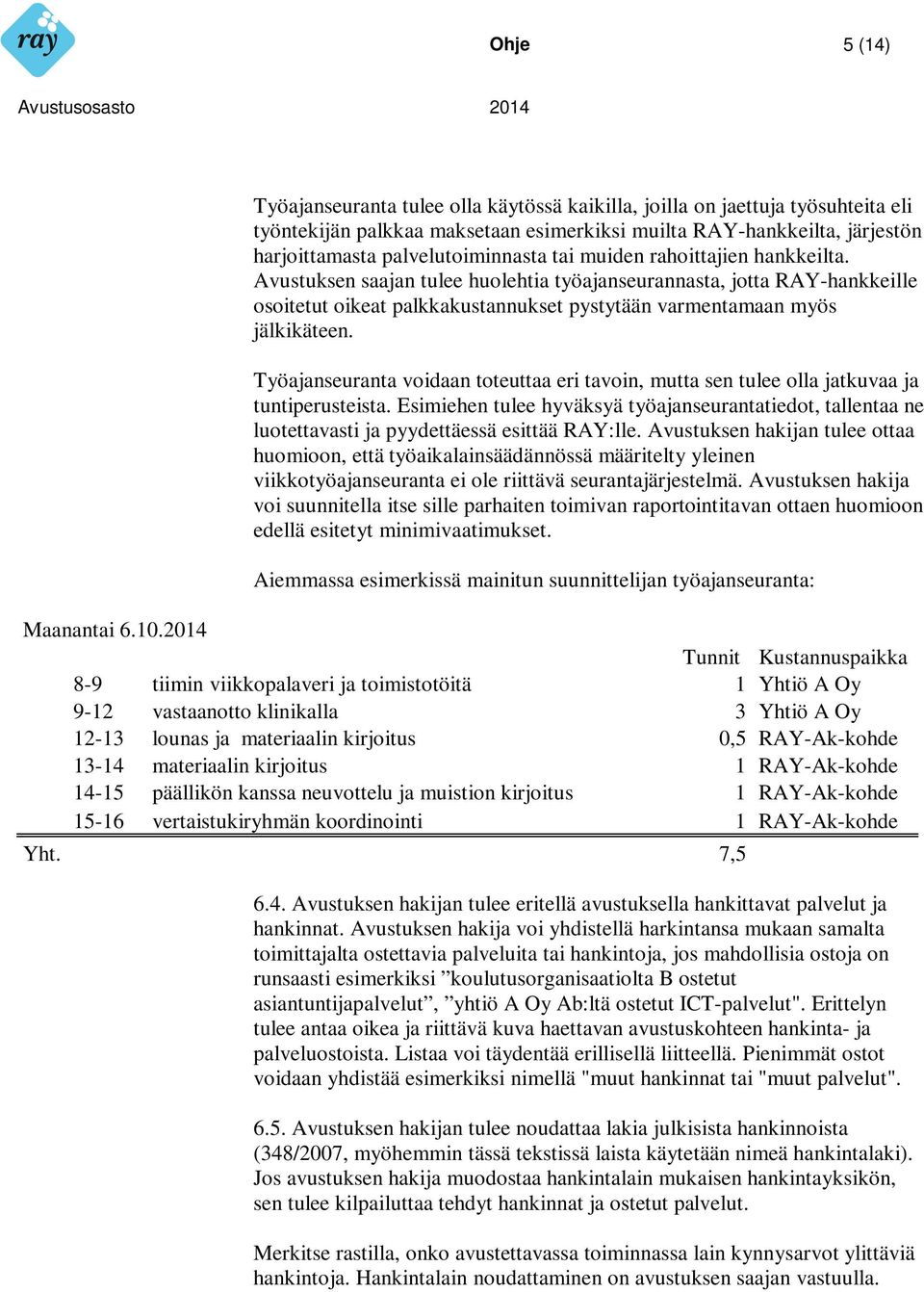 Avustuksen saajan tulee huolehtia työajanseurannasta, jotta RAY-hankkeille osoitetut oikeat palkkakustannukset pystytään varmentamaan myös jälkikäteen.