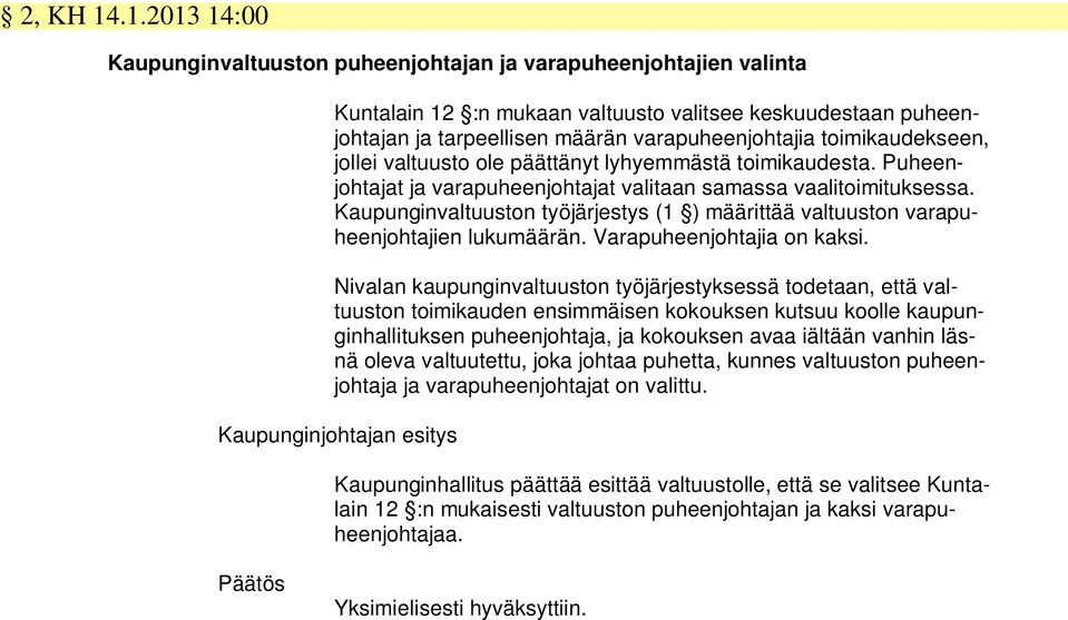 toimikaudekseen, jollei valtuusto ole päättänyt lyhyemmästä toimikaudesta. Puheenjohtajat ja varapuheenjohtajat valitaan samassa vaalitoimituksessa.