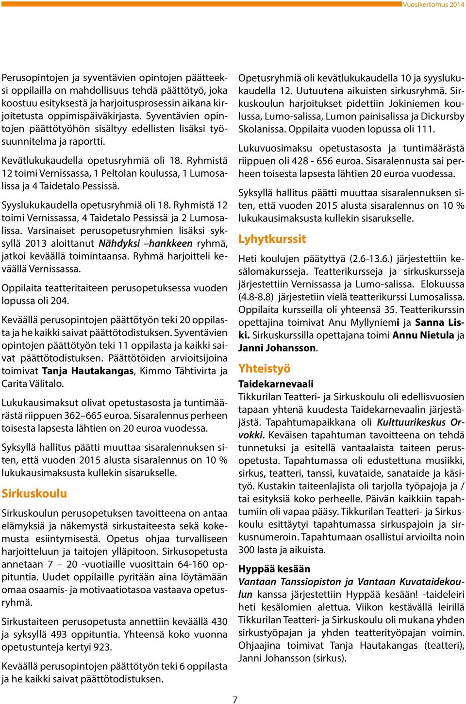 Ryhmistä 12 toimi Vernissassa, 1 Peltolan koulussa, 1 Lumosalissa ja 4 Taidetalo Pessissä. Syyslukukaudella opetusryhmiä oli 18. Ryhmistä 12 toimi Vernissassa, 4 Taidetalo Pessissä ja 2 Lumosalissa.