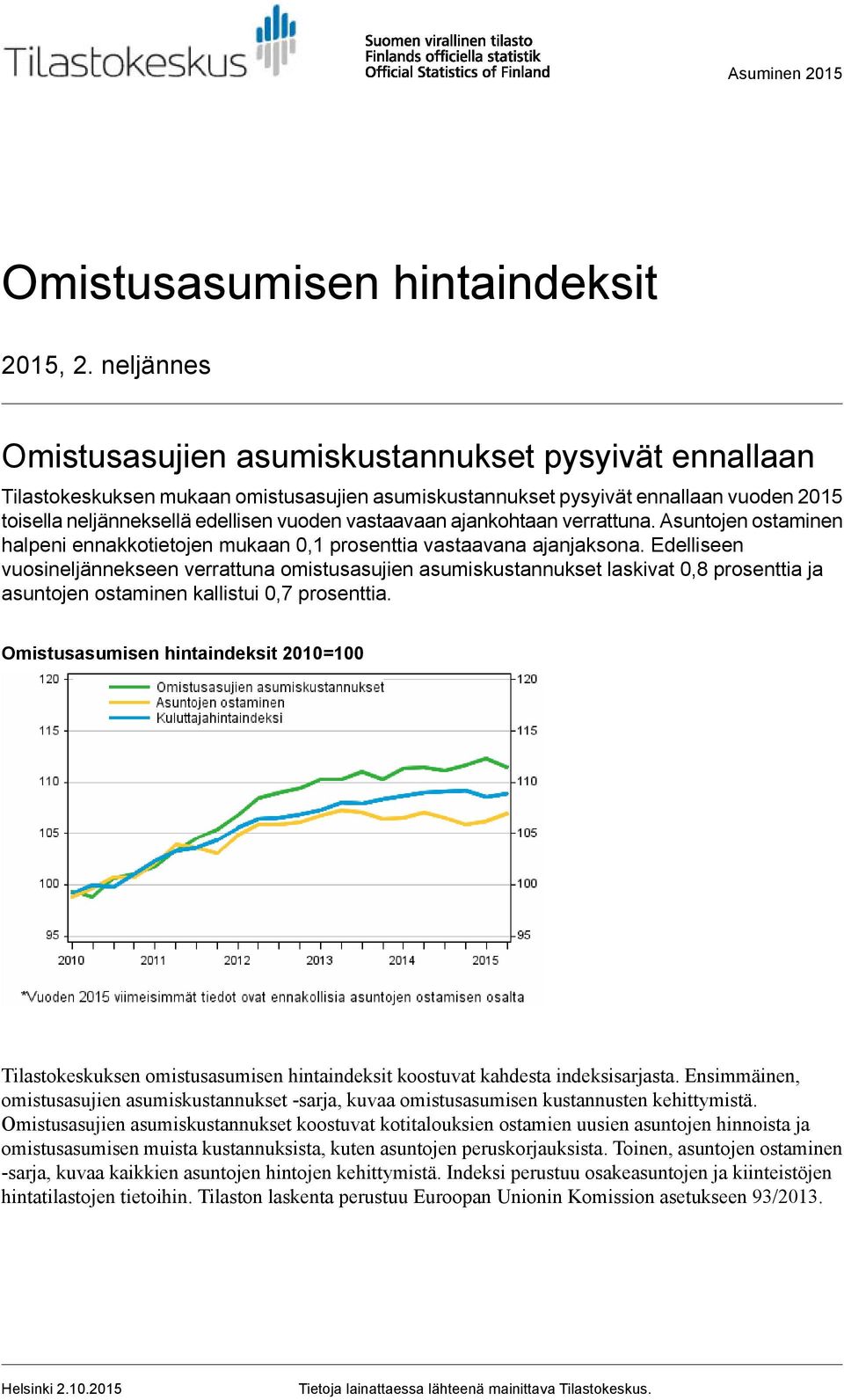 omistusasujien asumiskustannukset laskivat 0,8 prosenttia ja asuntojen ostaminen kallistui 0,7 prosenttia Omistusasumisen hintaindeksit 2010=100 Tilastokeskuksen omistusasumisen hintaindeksit