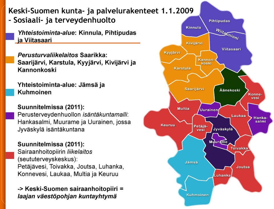 Kyyjärvi, Kivijärvi ja Kannonkoski Yhteistoiminta-alue: Jämsä ja Kuhmoinen Suunnitelmissa (2011): Perusterveydenhuollon isäntäkuntamalli: Hankasalmi,