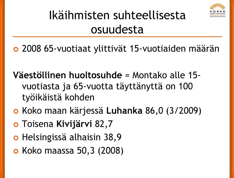 ja 65-vuotta täyttänyttä on 100 työikäistä kohden Koko maan kärjessä