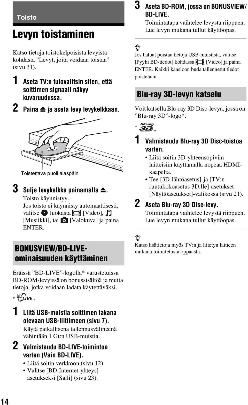Jos toisto ei käynnisty automaattisesti, valitse luokasta [Video], [Musiikki], tai [Valokuva] ja paina ENTER. BONUSVIEW/BD-LIVEominaisuuden käyttäminen 3 Aseta BD-ROM, jossa on BONUSVIEW/ BD-LIVE.
