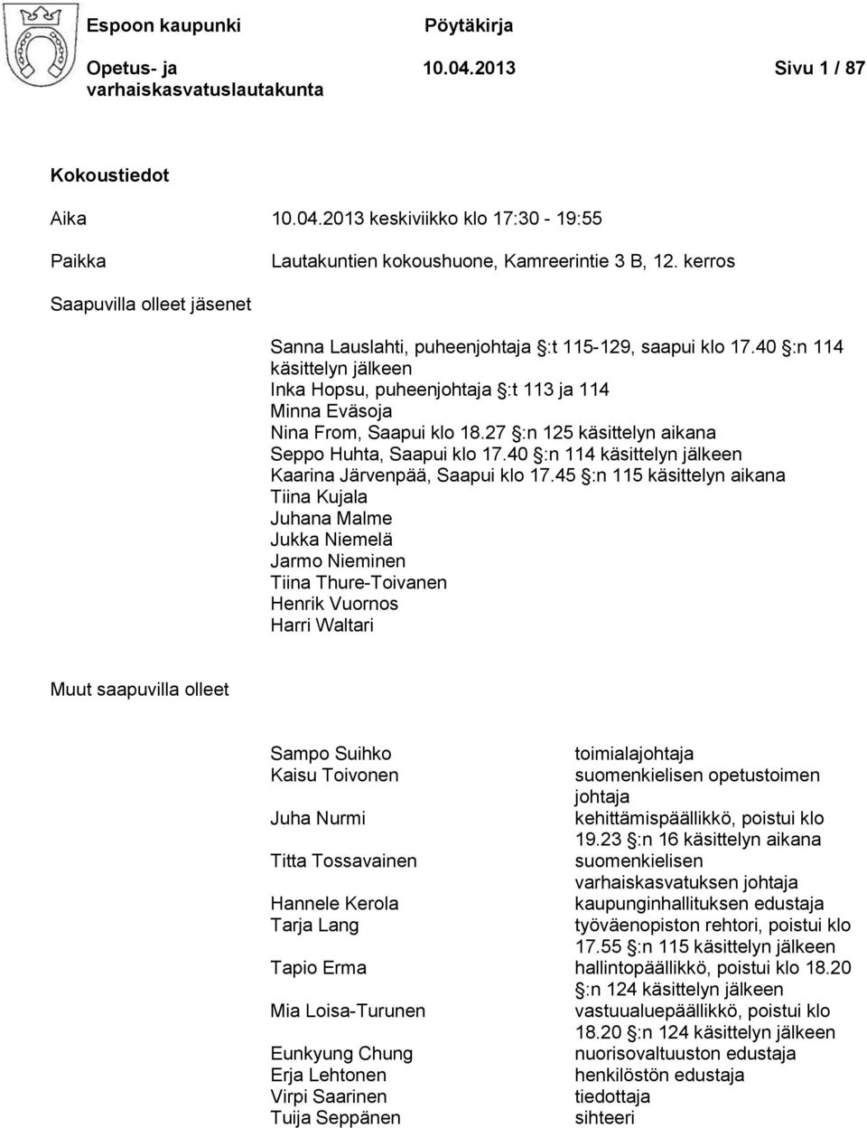 27 :n 125 käsittelyn aikana Seppo Huhta, Saapui klo 17.40 :n 114 käsittelyn jälkeen Kaarina Järvenpää, Saapui klo 17.