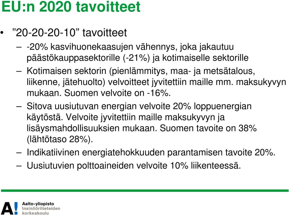 Suomen velvoite on -16%. Sitova uusiutuvan energian velvoite 20% loppuenergian käytöstä.