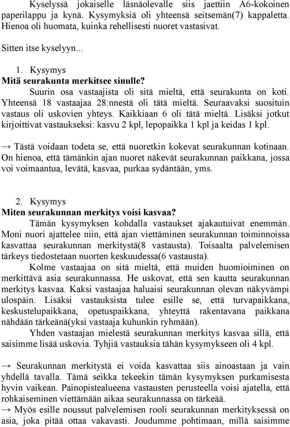 Seuraavaksi suosituin vastaus oli uskovien yhteys. Kaikkiaan 6 oli tätä mieltä. Lisäksi jotkut kirjoittivat vastaukseksi: kasvu 2 kpl, lepopaikka 1 kpl ja keidas 1 kpl.