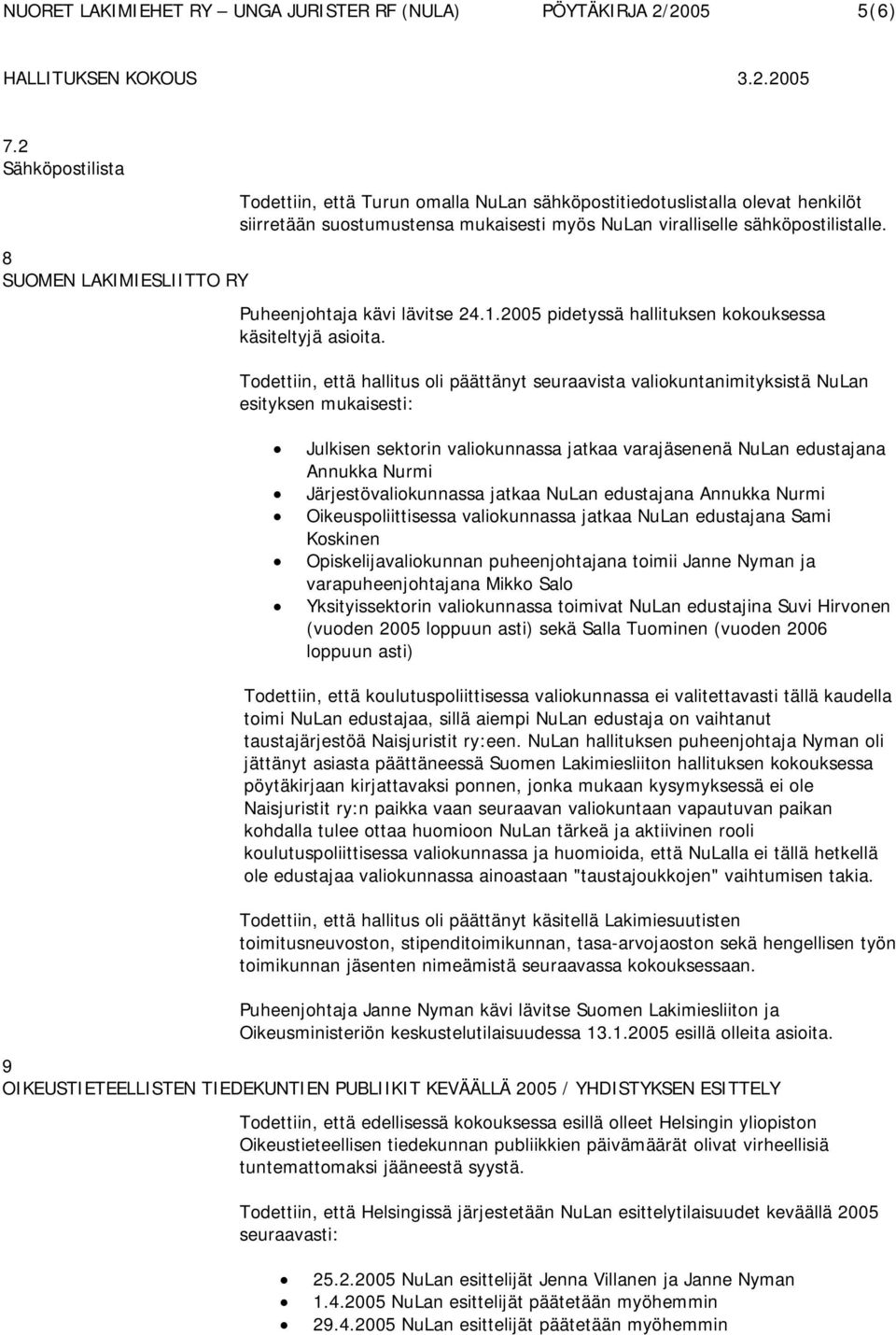 sähköpostilistalle. Puheenjohtaja kävi lävitse 24.1.2005 pidetyssä hallituksen kokouksessa käsiteltyjä asioita.