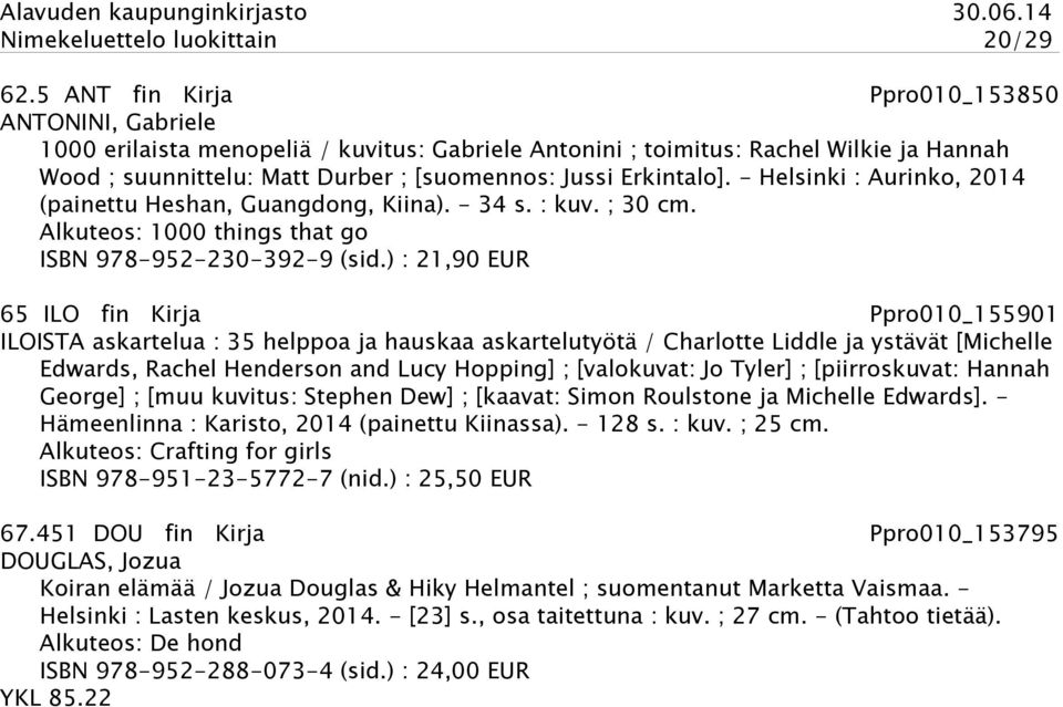 Erkintalo]. - Helsinki : Aurinko, 2014 (painettu Heshan, Guangdong, Kiina). - 34 s. : kuv. ; 30 cm. Alkuteos: 1000 things that go ISBN 978-952-230-392-9 (sid.