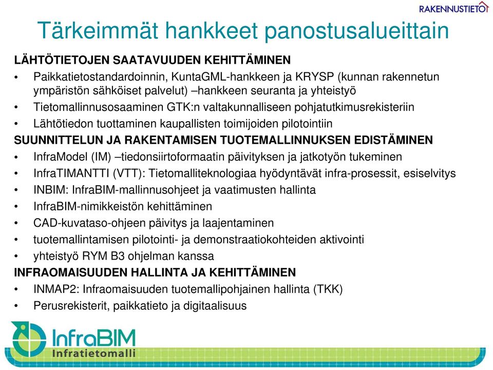 TUOTEMALLINNUKSEN EDISTÄMINEN InfraModel (IM) tiedonsiirtoformaatin päivityksen ja jatkotyön tukeminen InfraTIMANTTI (VTT): Tietomalliteknologiaa hyödyntävät infra-prosessit, esiselvitys INBIM: