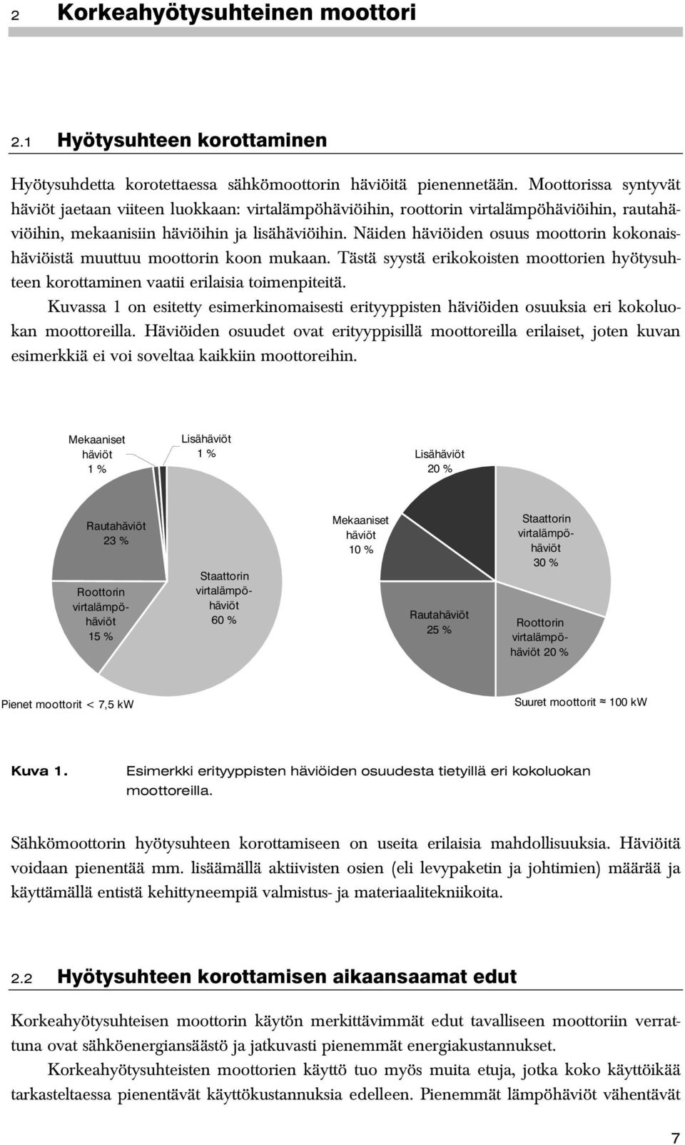 Näiden häviöiden osuus moottorin kokonaishäviöistä muuttuu moottorin koon mukaan. Tästä syystä erikokoisten moottorien hyötysuhteen korottaminen vaatii erilaisia toimenpiteitä.